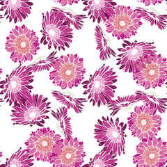 Seamless background with pink and purple gerbera. Vector illustration.