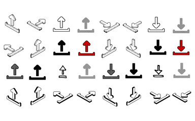 Set of Collection modern vector. Upload Download icon multi type of 3d isometric, solid, line, scribble hatch, doodle, shadow isometric and a little colour on white background eps10