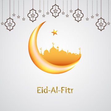 Eid-Al-Fitr greeting card with islamic crescent moon 3D and mosque paper.