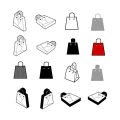 Set of Collection modern vector. Shopping bag icon multi type of 3d isometric, solid, line, scribble hatch, doodle, shadow isometric and a little colour on white background eps10