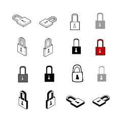 Set of Collection modern vector. Lock icon multi type of 3d isometric, solid, line, scribble hatch, doodle, shadow isometric and a little colour on white background eps10