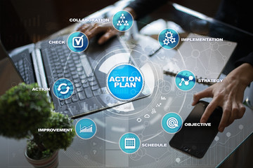 Action plan on the virtual screen. Planning concept. Business strategy.