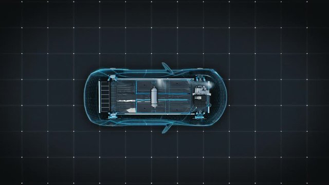 Electronic,  ion battery hybrid car. Charging car battery. Battery level check, future car. top view. 4k size movie.