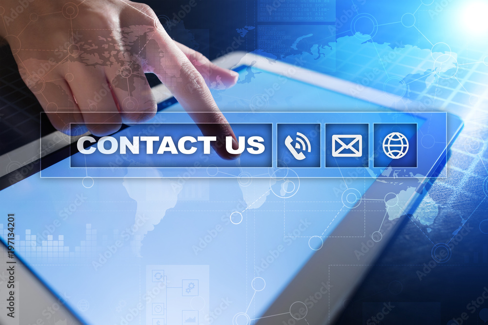 Poster contact us button and text on virtual screen. business and technology concept.