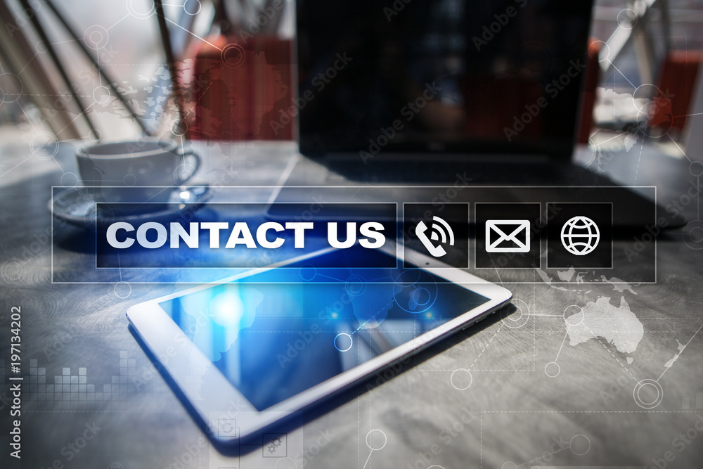 Poster contact us button and text on virtual screen. business and technology concept.