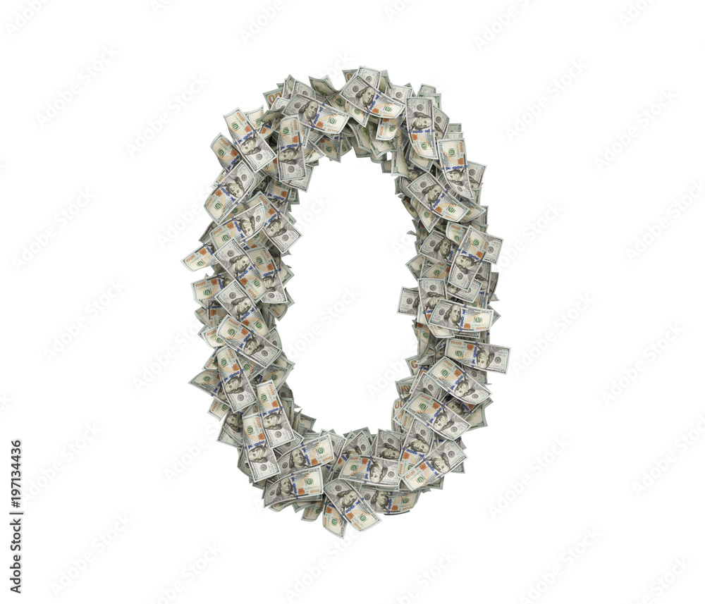 Poster 3d rendering of a large number 0 made of many usd hundred bills on a white background.
