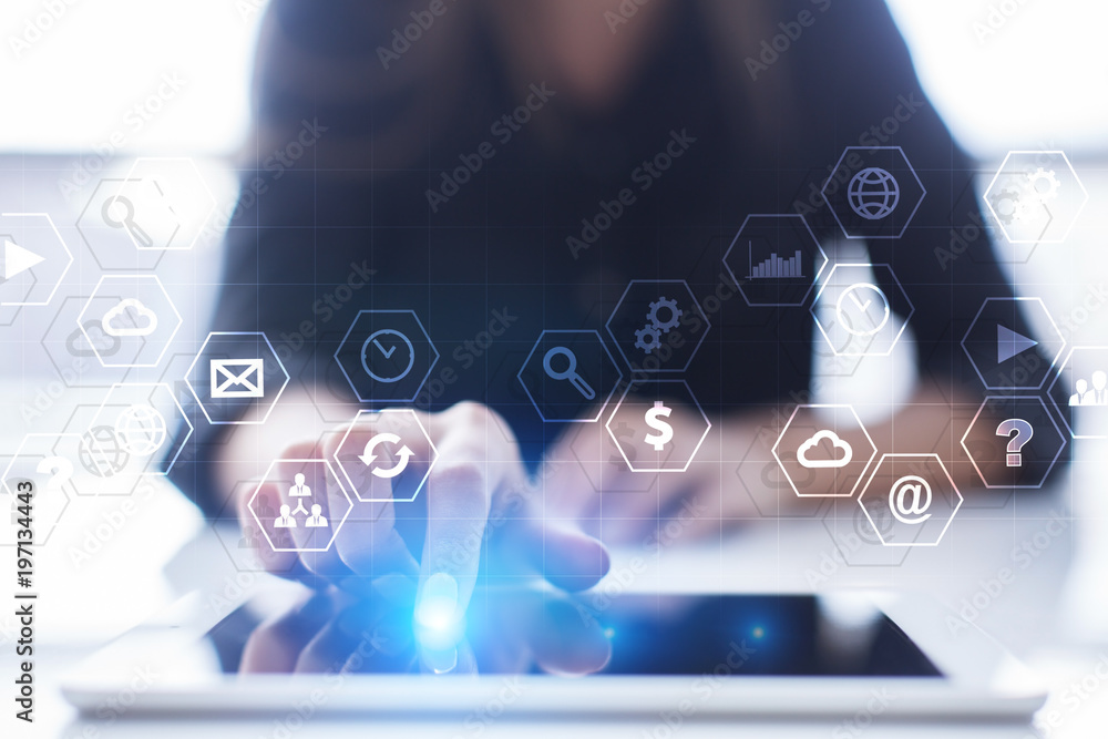 Poster virtual screen interface with applications icons. apps. strategy planning internet technology concep