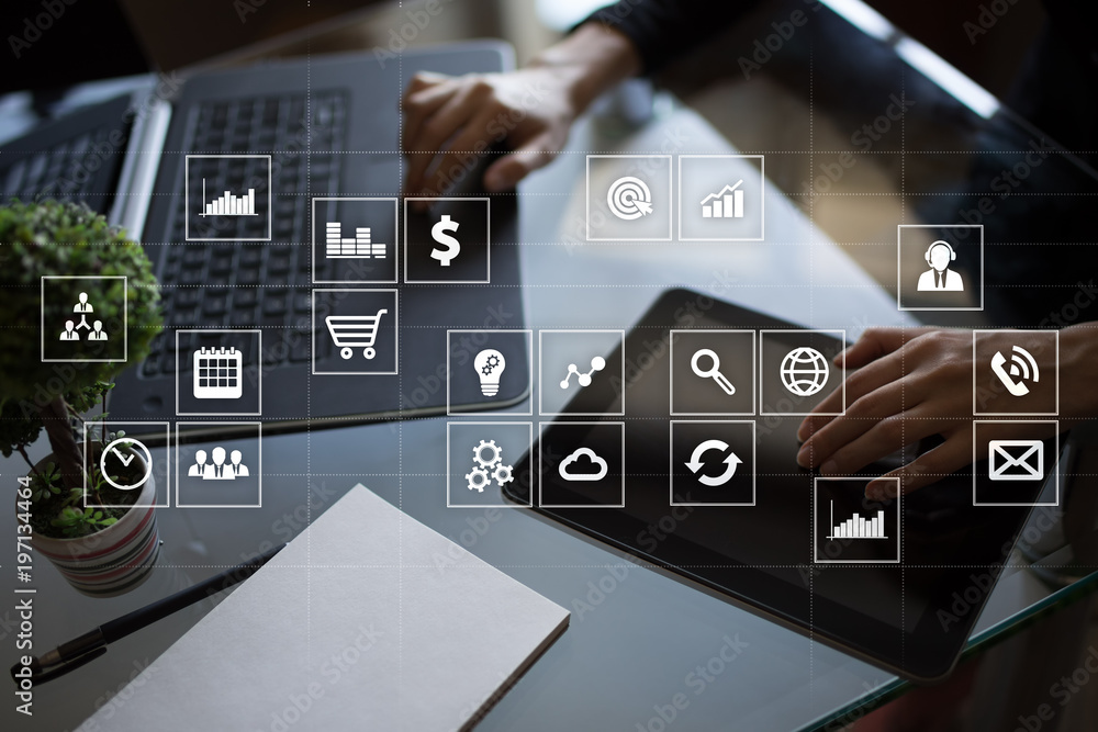 Poster virtual screen interface with applications icons. apps. strategy planning internet technology concep