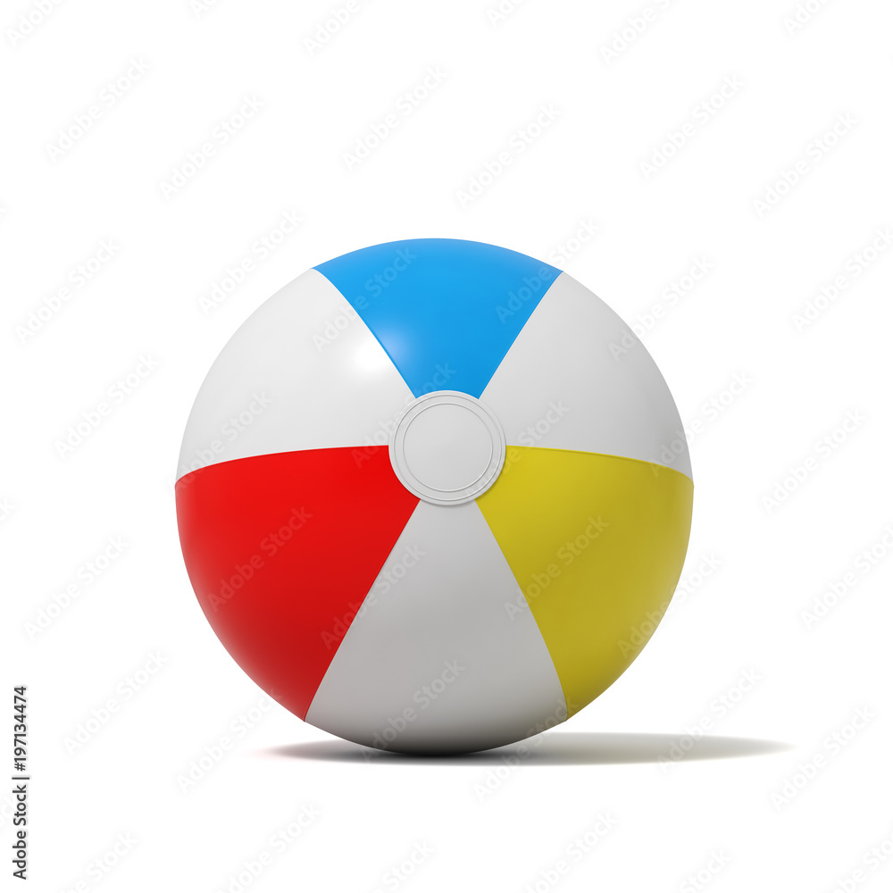 Poster 3d rendering of an inflated beach ball with white and colorful stripes on a white background.