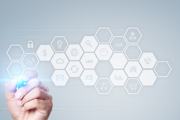 Virtual screen interface with applications icons. APPS. Strategy planning Internet technology concept.