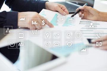 Virtual screen interface with applications icons. APPS. Strategy planning Internet technology concept.