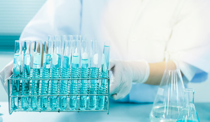Test tubes closeup, science laboratory research and development concept