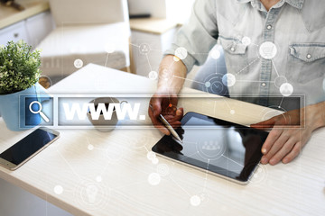 Search bar with www text. Web site, URL. Digital marketing. Business, internet and technology...