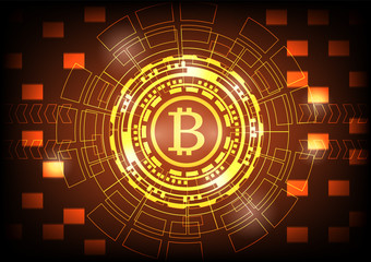 Abstract technology bitcoins logo on gold gear on gold background. Vector illustration bitcoin mining internet online technology concept.