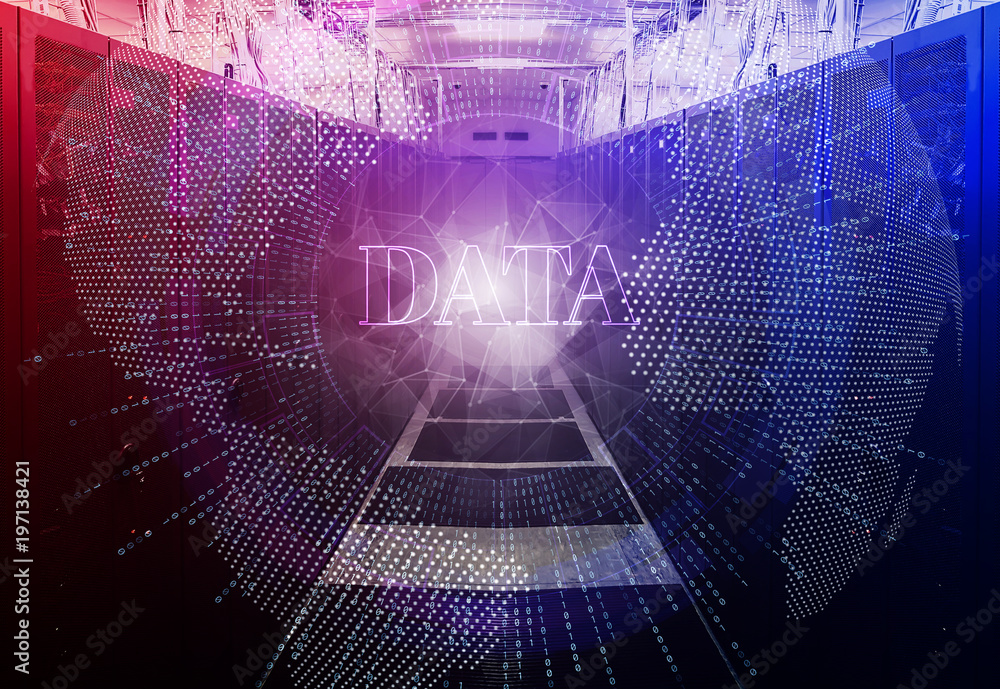 Poster modern server room symmetry ranks supercomputers. concept of big data pervades the servers of data c