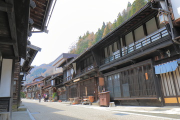 Naraijyuku historical house street in Kiso Nagano Japan. Naraijyuku is famous for preserved traditional houses and accommodation.