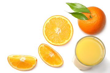 orange juice with sliced orange and green leaf isolated on white background. top view with copy space