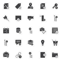 Add elements vector icons set, modern solid symbol collection, filled style pictogram pack. Signs logo illustration. Set includes icons as graph, tag, location, pie chart, key, magnifying glass, video
