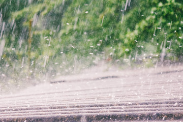summer rain with hail falls on the roof of slate - obrazy, fototapety, plakaty