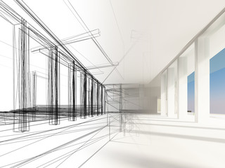 sketch design of interior hall, 3d rendering