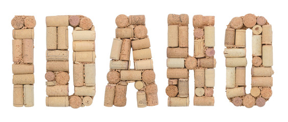 Wine region of USA Idaho made of wine corks Isolated on white background