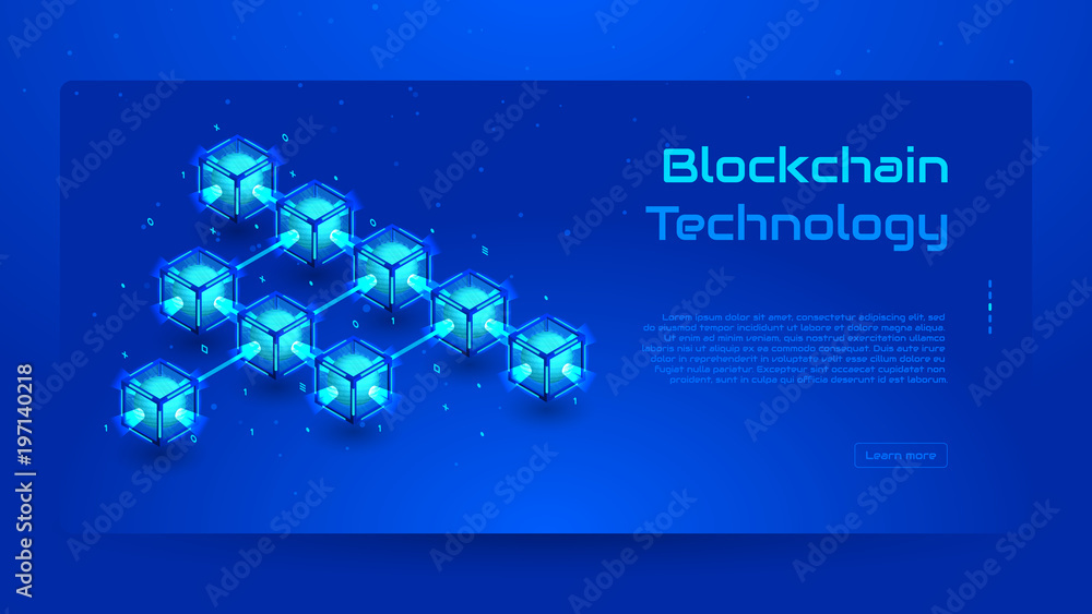 Poster blockchain isometric concept banner. modern concept of digital technology in the shape of block chai