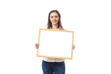business woman standing behind a blank board on white background