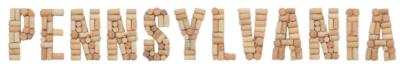 Wine region of USA Pennsylvania made of wine corks Isolated on white background