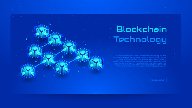 Blockchain isometric concept banner. Modern Concept of Digital Technology in the Shape of Block Chain net. Vector Illustration.