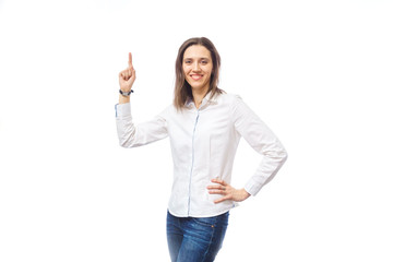 beautiful woman showing a finger at something, on a white background in the studio