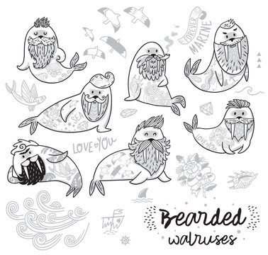 Black and white contour hipster walruses with beards and tattoos in cartoon style. Vector illustration