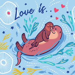 Cute vector card with mother and child otters. Vector illustration