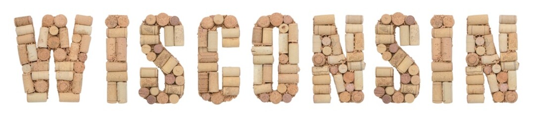 State Wisconsin of USA made of wine corks Isolated on white background