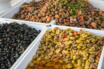 Various kinds of olives for sale at a market in Palermo, Sicily