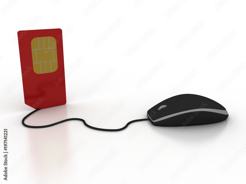 Poster 3d render sim card with computer mouse, online tech support and service from mobile operator