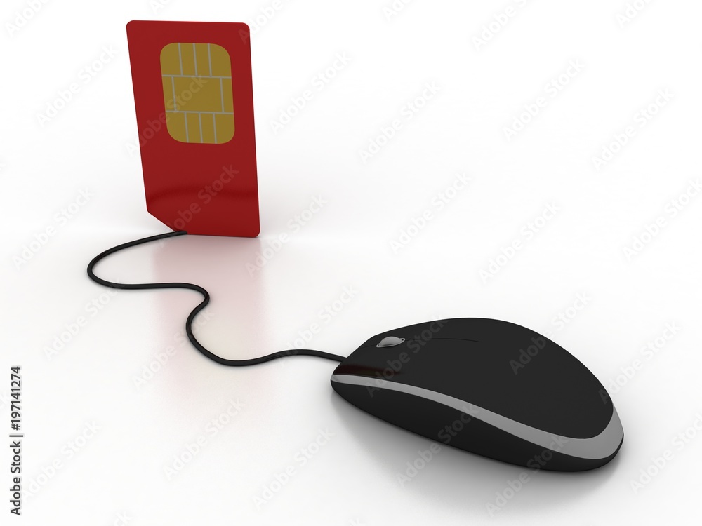 Poster 3d render sim card with computer mouse, online tech support and service from mobile operator