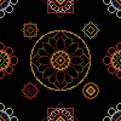 Dark bright background cross stitch for tablecloths vector illustration. Seamless pattern.