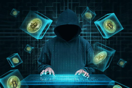 Man with virtual keyboard trying to hack bitcoin network