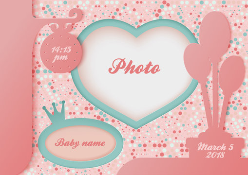 Template for the newborn baby photo album. First achievements of the baby	