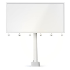 Blank billboard, front view with lamps and the support bolted to the base. 3D illustration isolated on white background ready to use in commercial advertisement