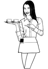 Attractive Waitress Carrying Coffee - Black and White Sketch Illustration, Vector
