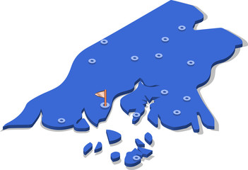 3d isometric view map of Guinea-Bissau with blue surface and cities. Isolated, white background