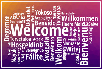 Welcome sign wordcloud on purple low poly background