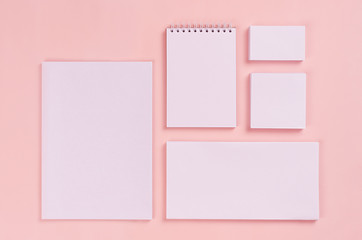 Corporate identity template, white stationery set with blank business cards, stickers, notepad, envelops, letterhead paper on pastel pink stylish background. 