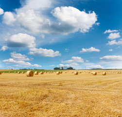 Yellow golden straw bales of hay in the stubble field, summer landscape under a blue sky with clouds