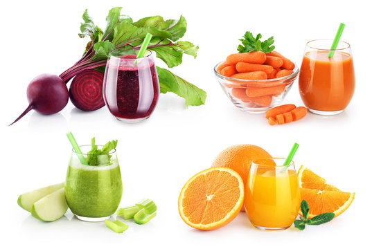 Glass with smoothies and juices isolated on white background. Beetroot and celery smoothies, orange and carrots juice.