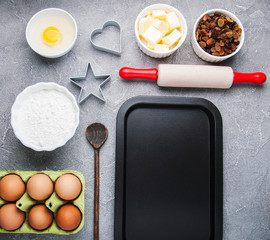 Top view of  kitchen table with baking ingredients