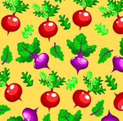 seamless pattern with cute radish and beetroot with orange background,cartoon style,Vegetable vector.