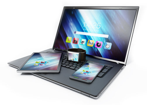 Laptop computer, tablet pc, smartphone and smartphone. 3D illustration