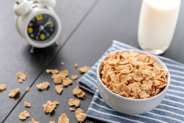 Healthy Corn Flakes with milk for Breakfast on table